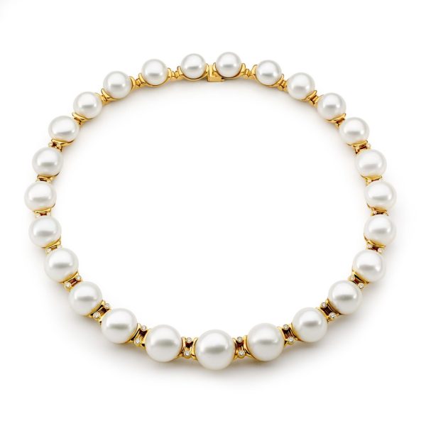 Yellow Gold, Pearl And White Diamond Necklace