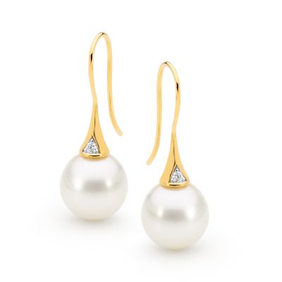 Diamond Pearl Hook Earrings Gold
